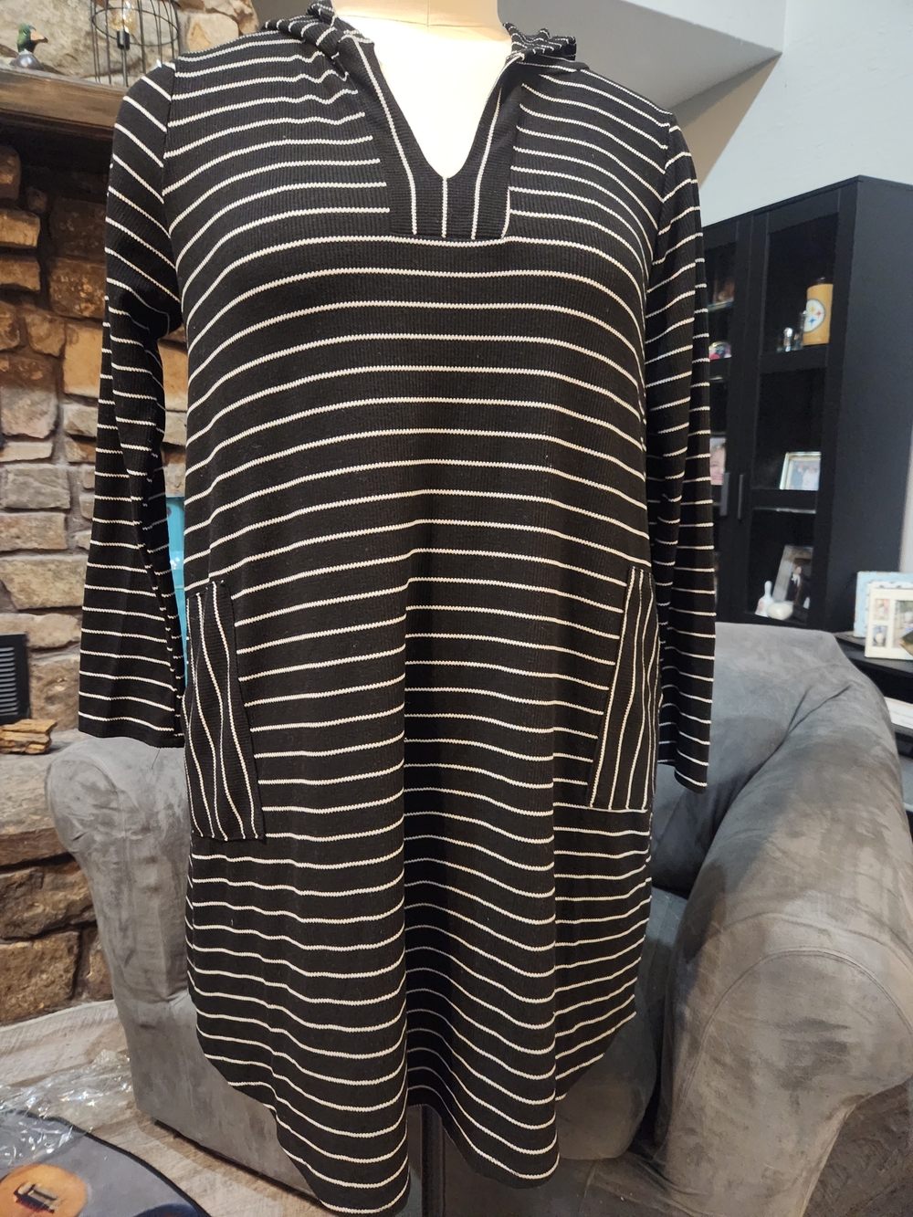 mts Black and White Striped V-Neck Hoodie Tunic Dress
